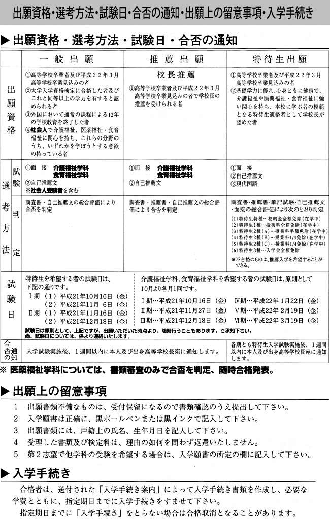 出願資格・選考方法・試験日・合否の通知・出願上の留意事項・入学手続き