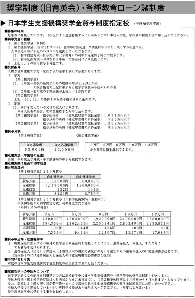 奨学制度（旧育英会）・各種教育ローン諸制度　*日本学生支援機構奨学金貸与制度指定校