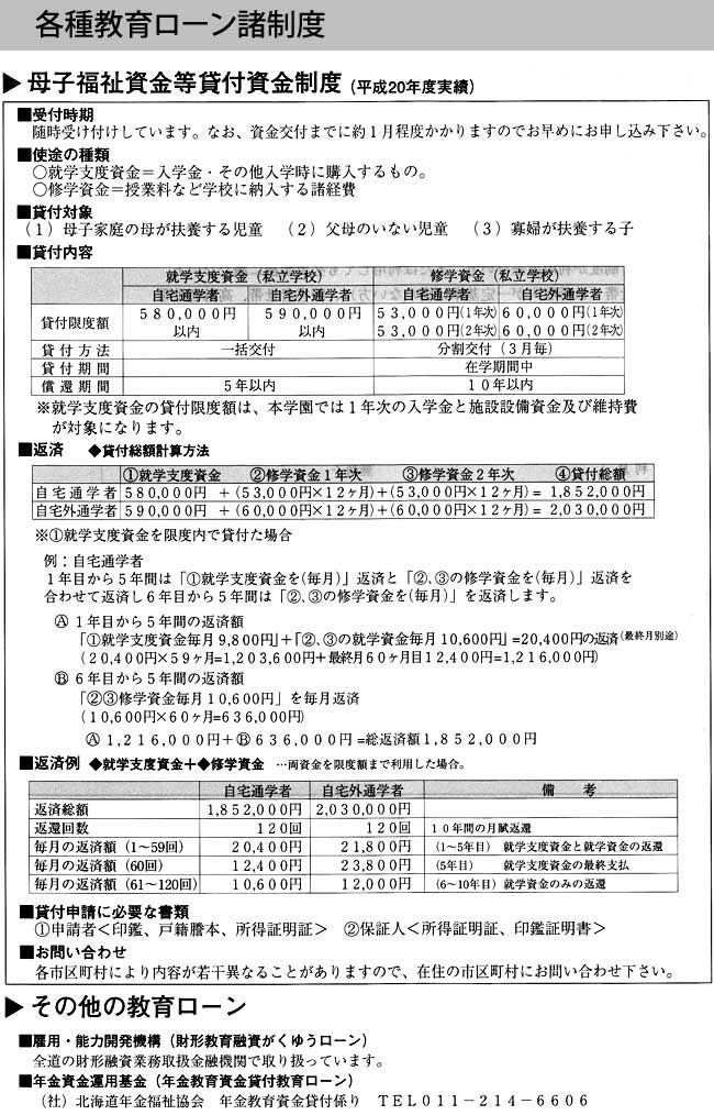 各種教育ローン諸制度 　* 母子福祉資金貸付資金制度　その他教育ローン